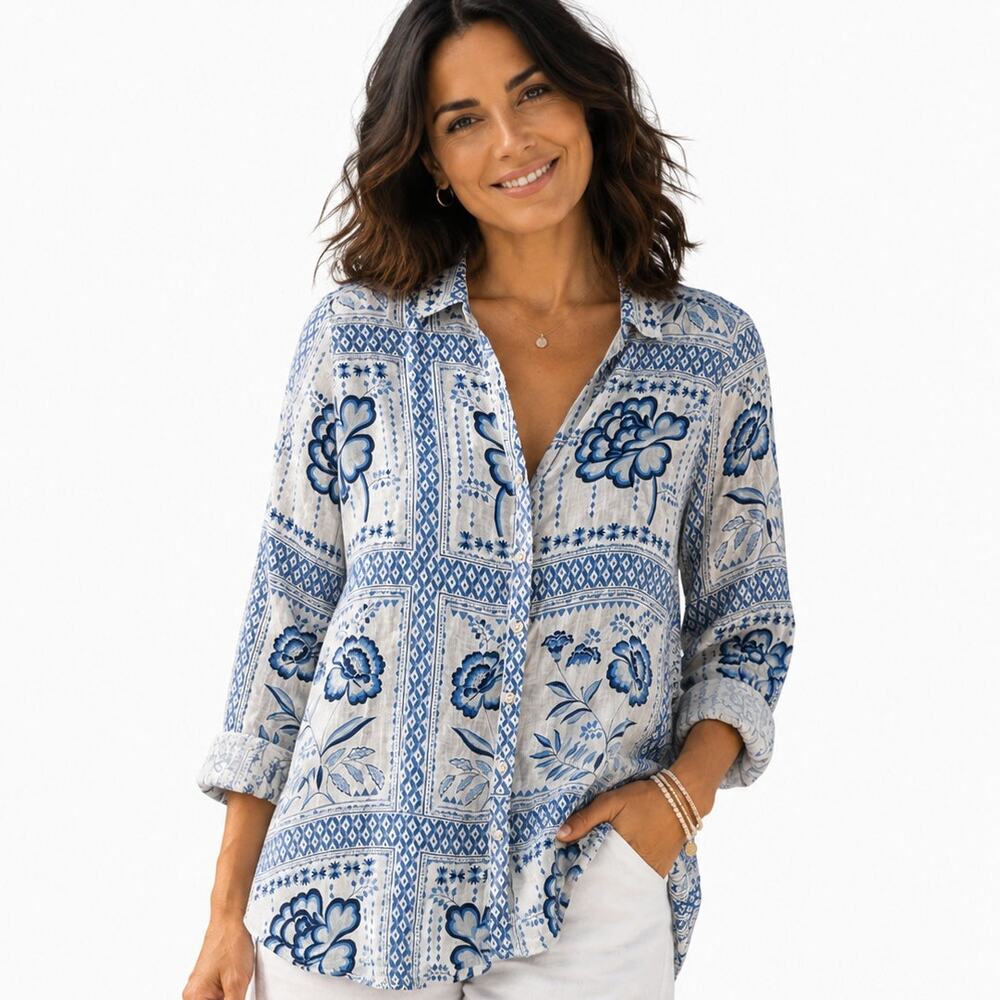 Halston 100% Linen Button Top Womens Medium Blue White Floral Coastal Oversized